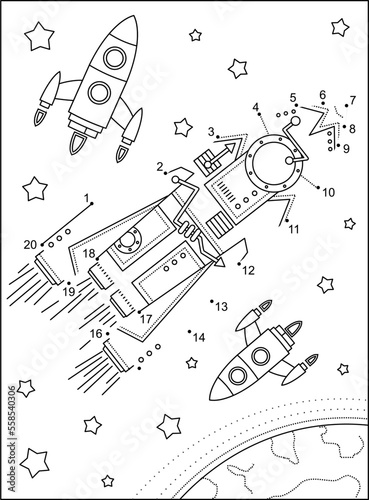 Transportation in outer space. Rockets or spaceships dot-to-dot picture puzzle and coloring page. Black and white printable activity page or worksheet.