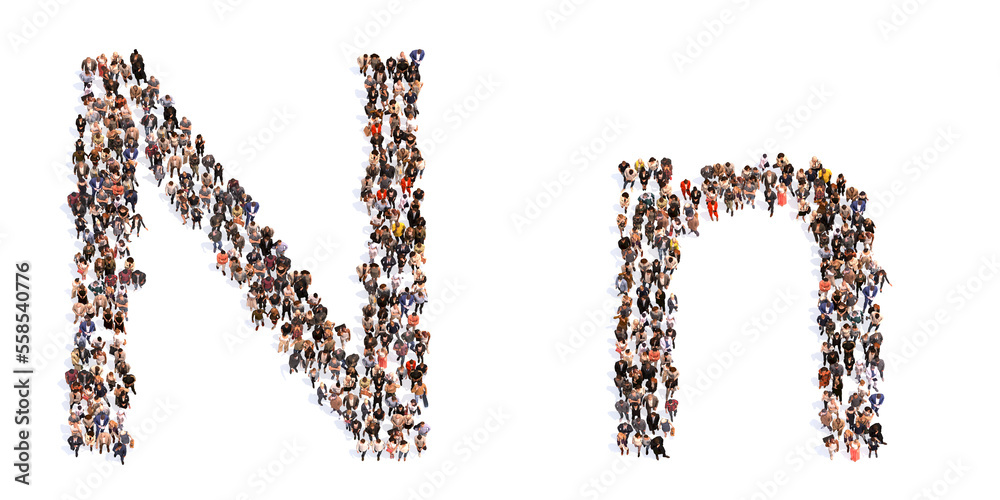 Concept or conceptual large community of people forming the font N. 3d illustration metaphor for unity and diversity, humanitarian, teamwork, cooperation, education, friendship and community Concept or conceptual large community of people forming the font N. 3d illustration metaphor for unity and diversity, humanitarian, teamwork, cooperation, education, friendship and community