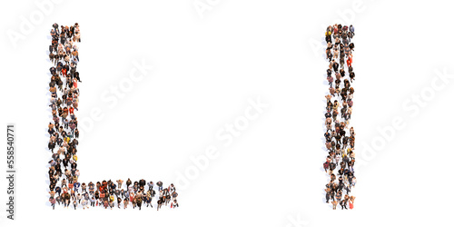 Concept or conceptual large community of people forming the font L. 3d illustration metaphor for unity and diversity, humanitarian, teamwork, cooperation, education, friendship and community