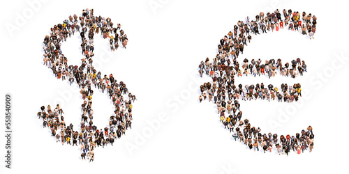Concept or conceptual large community of people forming the $ and ? fonts. 3d illustration metaphor for unity and diversity, humanitarian, teamwork, cooperation, education, friendship and community