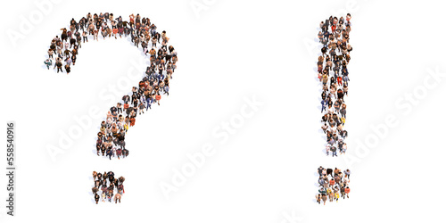 Concept or conceptual large community of people forming the question and exclamation sign. 3d illustration metaphor for unity and diversity, humanitarian, teamwork, cooperation, education, friendship