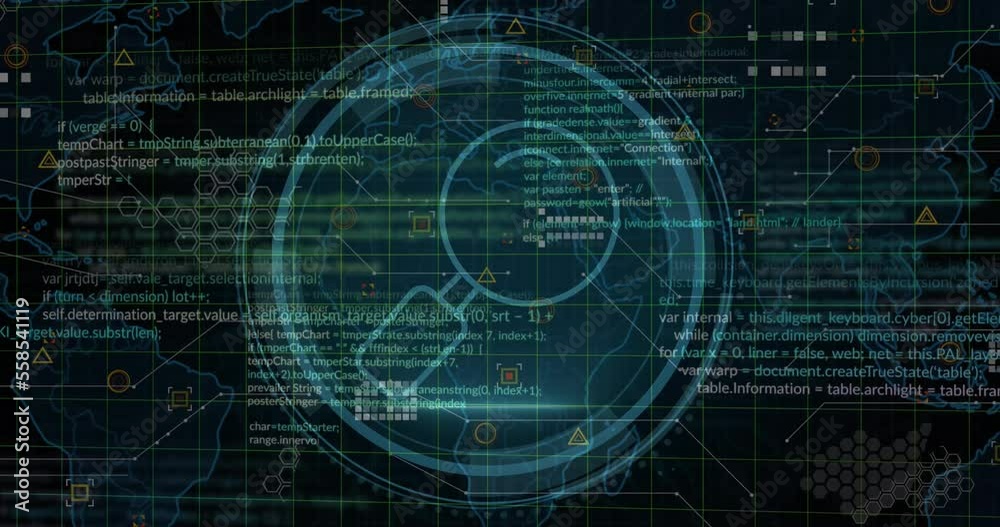 Animation of icons with world map and data processing on black background Animation of icons with world map and data processing on black background