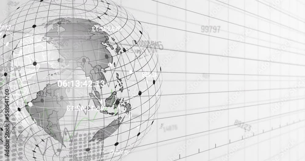 Animation of changing numbers and spinning globe over grid network against white background Animation of changing numbers and spinning globe over grid network against white background