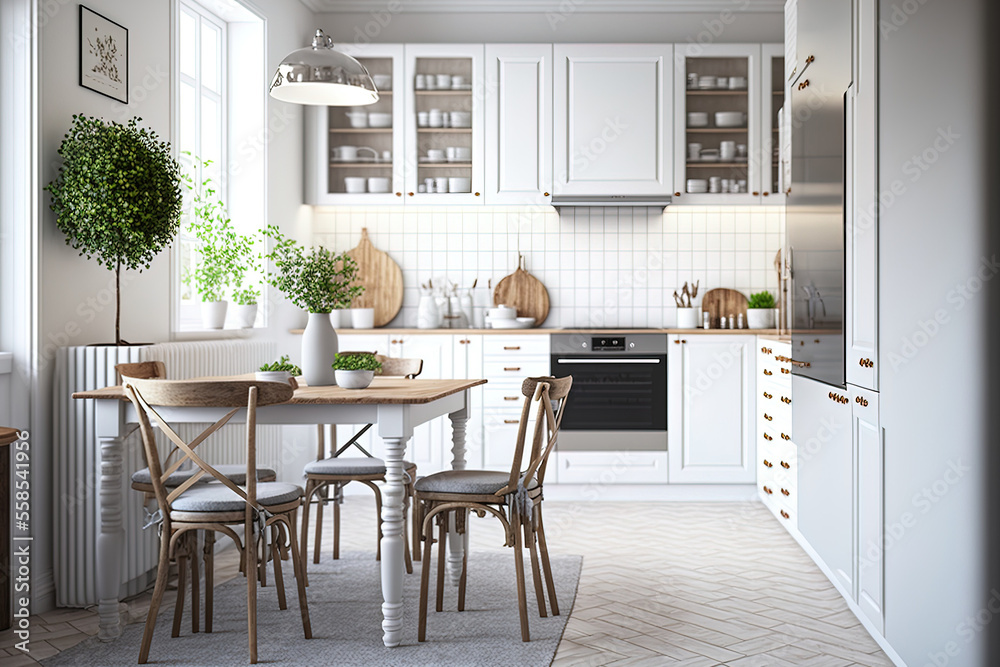 White kitchen in a traditional Scandinavian style with wooden accents and a minimalist decor. Table and chairs in the dining room, contemporary furniture with accents and different utensils, and a wor