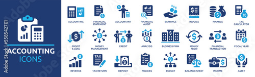 Accounting icon set. Containing financial statement, accountant, financial audit, invoice, tax calculator, business firm, tax return, income and balance sheet icons. Solid icon collection.