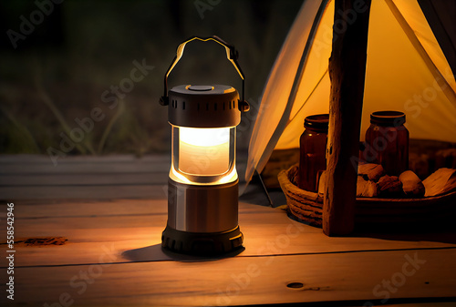 Led camping lamp on the wooden table image created with Generative AI technology.