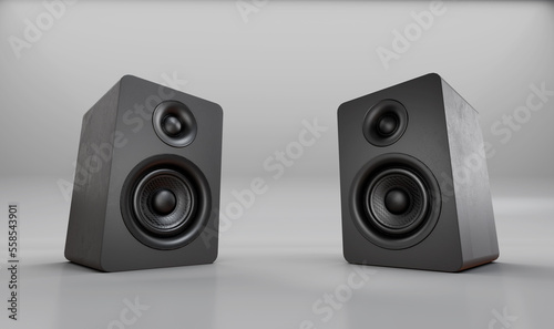 set of giant speakers over white studio, 3d render