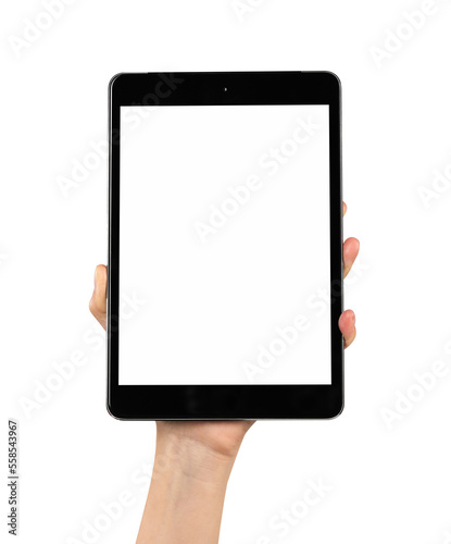 Hand holding digital tablet isolated on background. PNG format file.