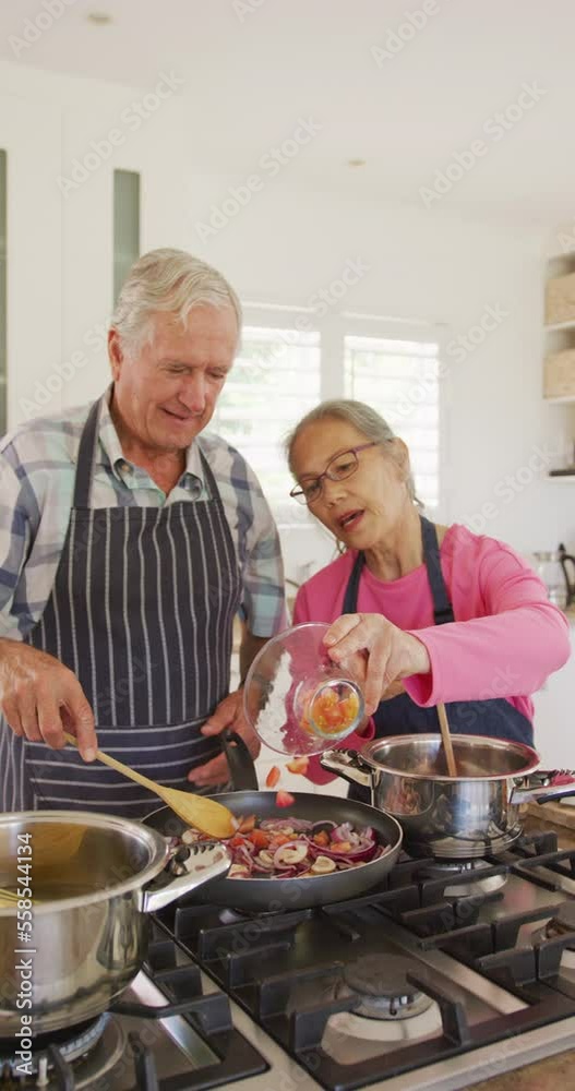 Vertical video of happy diverse senior couple cooking in kitchen Vertical video of happy diverse senior couple cooking in kitchen