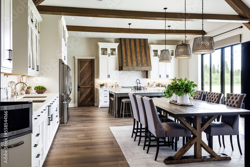 Beautiful kitchen and dining room in a new luxury home. Elegant pendant lights and wood beams highlight the lovely open floor plan, dining area, and kitchen. Generative AI © 2rogan