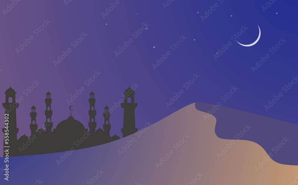 Fototapeta premium Landscape illustration of awal Ramadan kareem with silhouette of mosque in desert