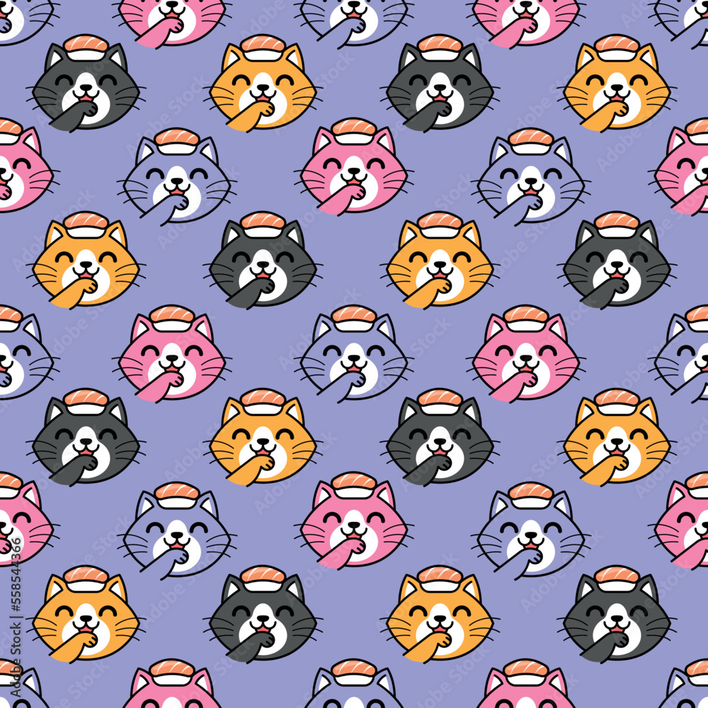 Fototapeta premium CUTE CAT WITH SUSHI ON HIS HEAD SEAMLESS PATTERN
