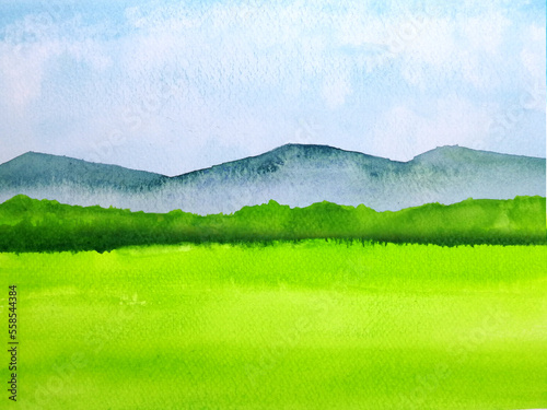 Watercolor painting landscape mountains green field with blue sky in countryside. 