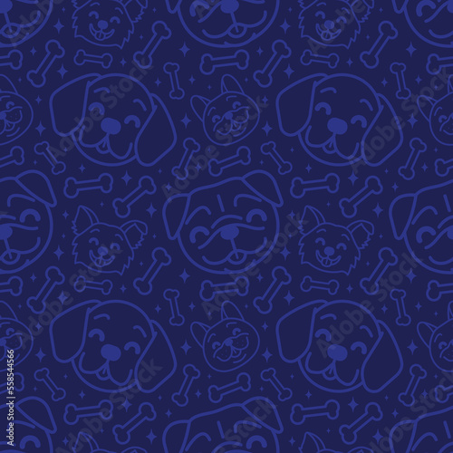 SMILING DOGS HEAD AND BONES CARTOON SEAMLESS PATTERN