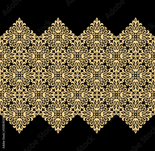 Wallpaper in the style of Baroque. Seamless vector background. Gold and black floral ornament. Graphic pattern for fabric, wallpaper, packaging. Ornate Damask flower ornament