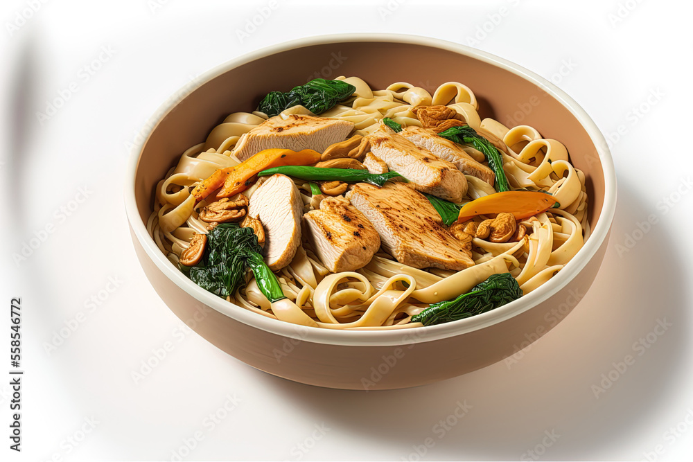 Chicken wok noodle soup isolated on a white backdrop. a chicken fillet over pasta. excellent photograph. Generative AI