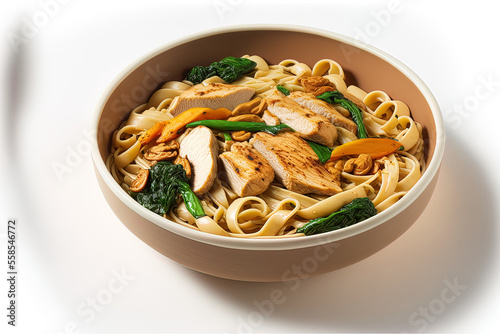 Chicken wok noodle soup isolated on a white backdrop. a chicken fillet over pasta. excellent photograph. Generative AI