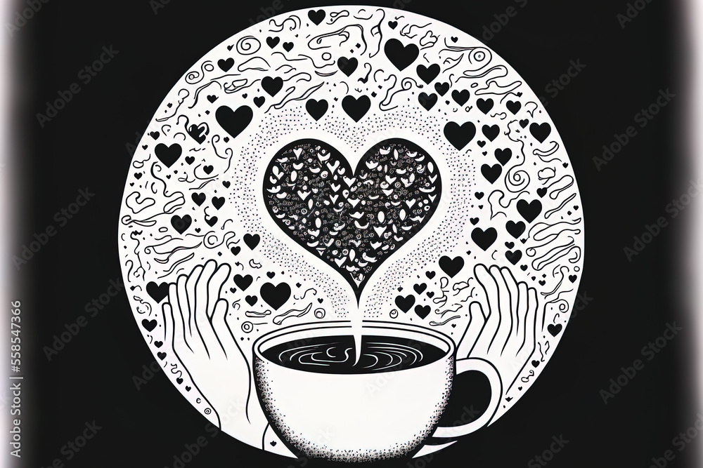 Cartoon style black and white artwork of Valentine's Day and love hand ...