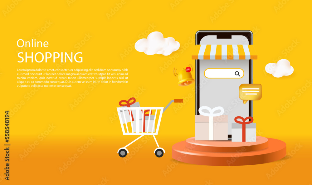 Online store via mobile phone set on podium with floating gift boxes aside, 3D web banner of online shopping Online store via mobile phone set on podium with floating gift boxes aside, 3D web banner of online shopping