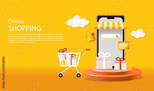 Online store via mobile phone set on podium with floating gift boxes aside, 3D web banner of online shopping