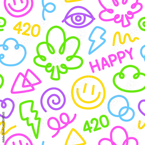 Colorful Neon Lights 420 Cartoon Doodle Seamless Pattern for Cannabis Dispensary or Medical Marijuana Products Package Design Illustration.
