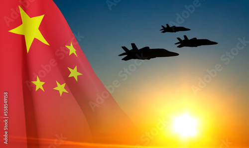 Silhouette of military aircraft on background of sunset and China flag. Air Force concept. EPS10 vector