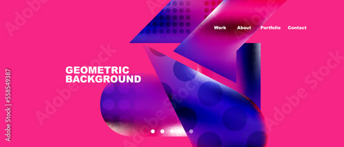 Glassmorphism landing page background template. Colorful glass shapes with metallic effect abstract composition for wallpaper, banner, background