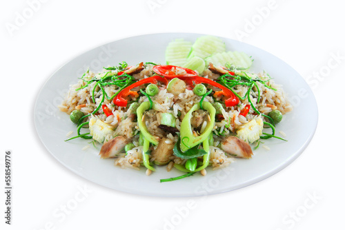 Fried rice herb fish is a local food of Thailand on white dish, isolate 