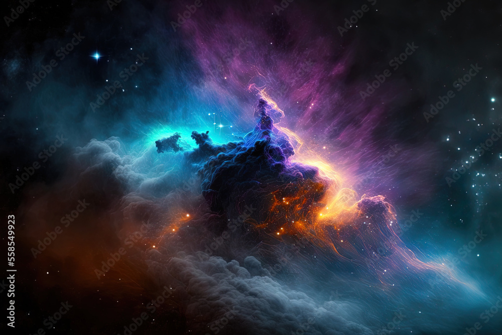 fractal nebula dust in various colors on a dark backdrop. Generative AI
