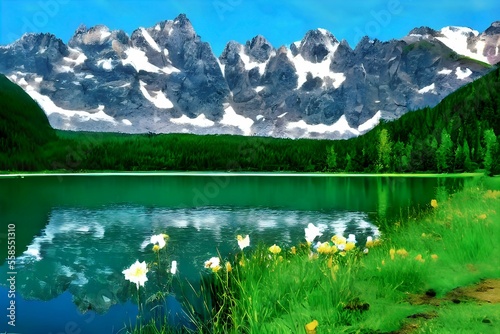 A scenic landscape with a shimmering lake surrounded by green grass and flowers, large trees, and one high mountain, sunshine nobody, no people, created by generative ai technology