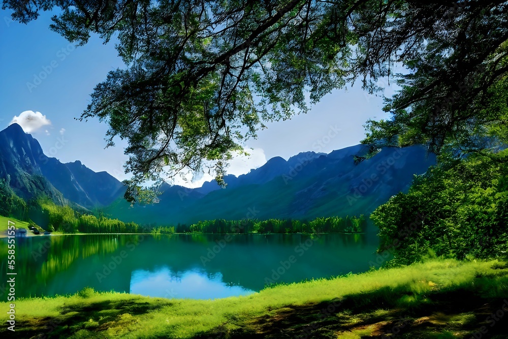 A scenic landscape with a shimmering lake surrounded by green grass and flowers, large trees, and  one high mountain, sunshine nobody, no people, created by generative ai technology