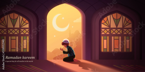 Muslim boy praying salat banner