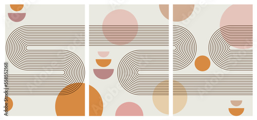 Vector wall art poster set, boho elements for home decor, print, Abstract art background, Arches abstract posters. Boho home decor of circles and lines in pastel colors. Rainbow wall art illustrations