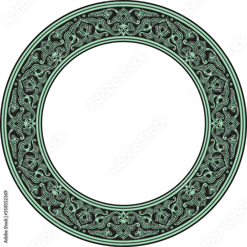 Vector green round oriental ornament. Arabic patterned circle of Iran, Iraq, Turkey, Syria. Persian frame, border..