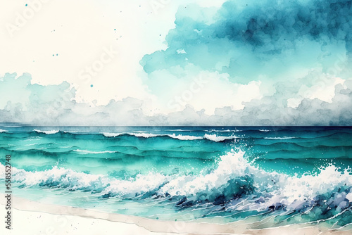 Beautiful turquoise and light blue ocean in watercolor. Generative AI © 2rogan