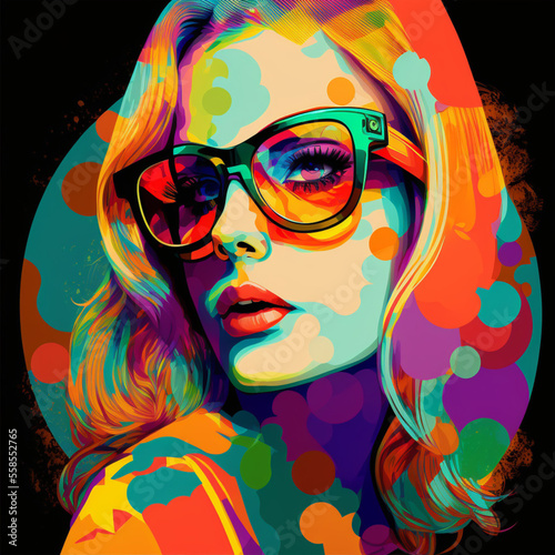 Close-up of a girl with long hair and , wearing black glasses, standing in a half-turn. looking at the camera in pop-art style