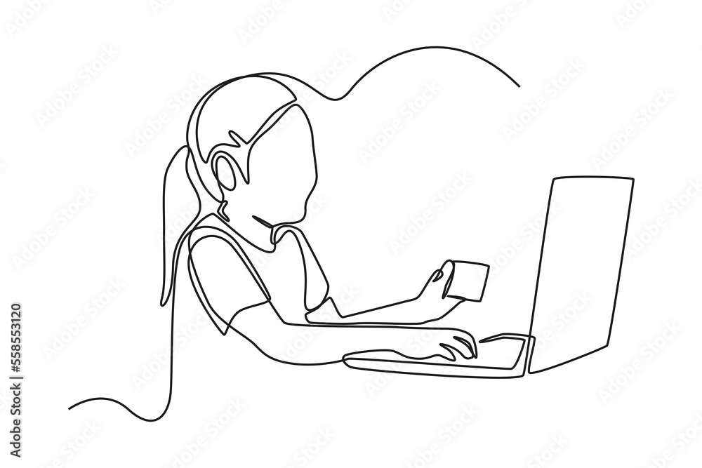 Single one line drawing beautiful young girl working using computer laptop. Continuous line draw design graphic vector illustration.