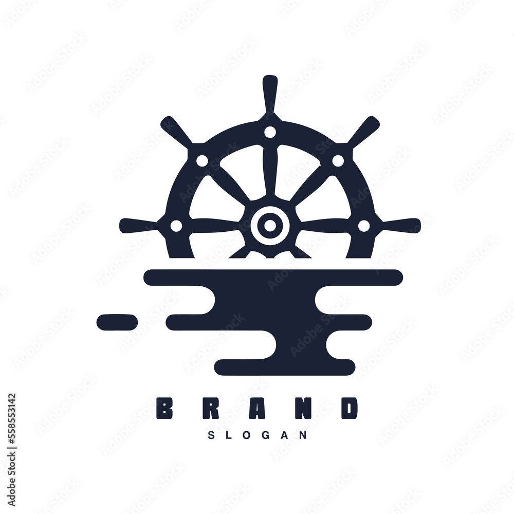 Ship boat steering logo design with ocean wave vector template