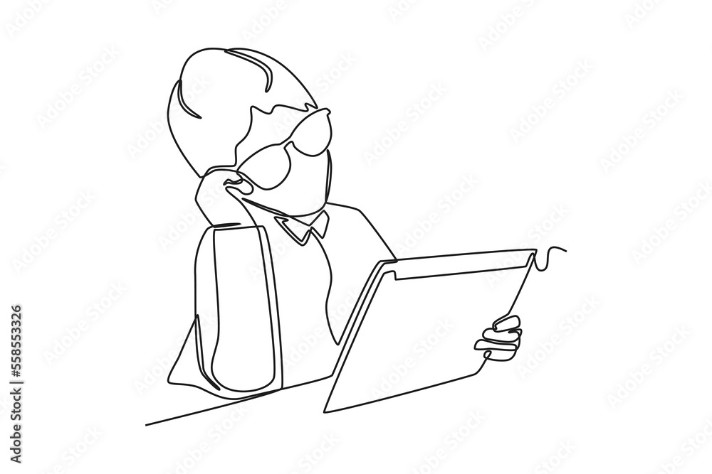 Single one line drawing girl with glasses looking at her tablet which shows the line graph ups and downs of sales. Sales Concept. Continuous line draw design graphic vector illustration.