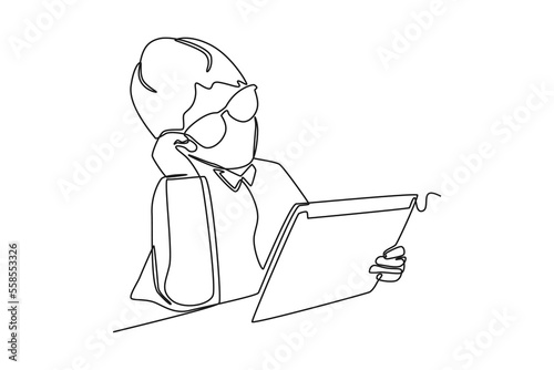 Single one line drawing girl with glasses looking at her tablet which shows the line graph ups and downs of sales. Sales Concept. Continuous line draw design graphic vector illustration.