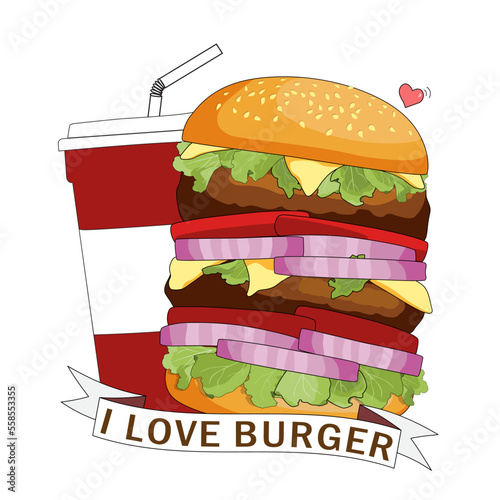 Burger ordered on the fast food menu with drink cup of water. Hamburger with cutlet, tomatoes and onion. Logo icon vector illustration design.