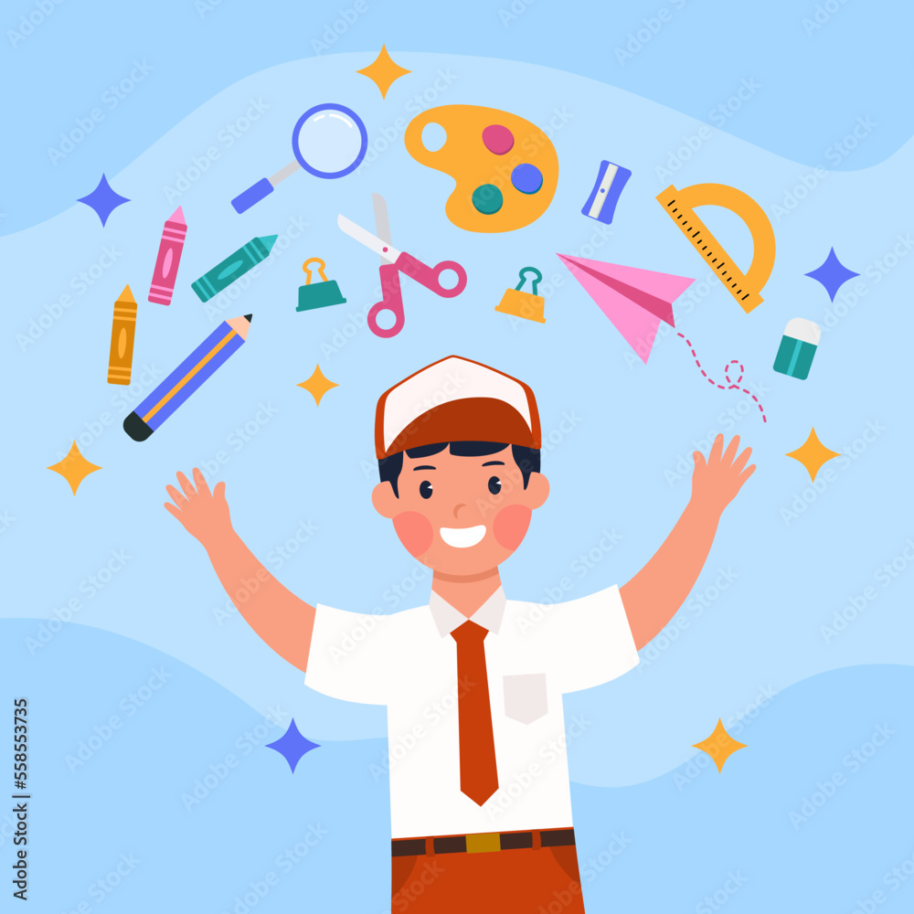 Hand drawn happiness Indonesian elementary school student back to school vector stock Hand drawn happiness Indonesian elementary school student back to school vector stock