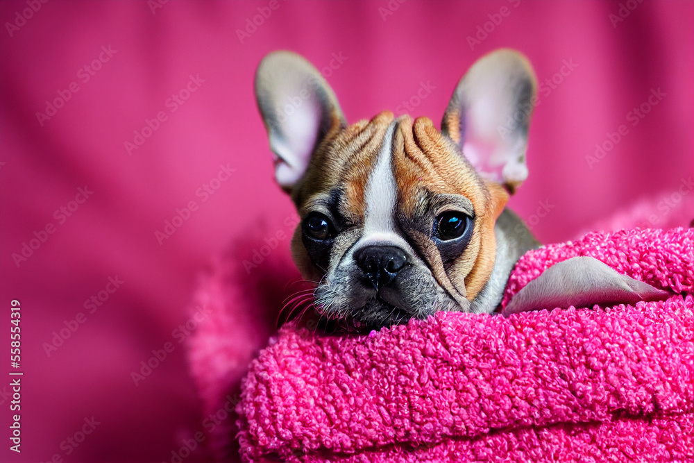 little cute french bulldog puppy lies on a pink blanket, generative AI