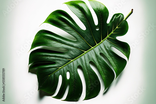 A leaf from a tropical tree on an all white background. Generative AI