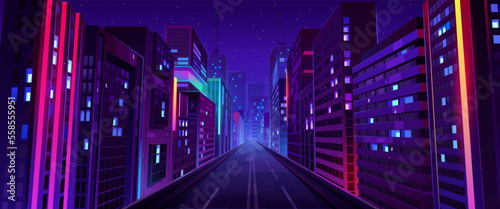 City street with houses and buildings with glowing windows at night. Cityscape with empty road, houses and skyscrapers with neon color ligth, blue star sky, vector cartoon illustration