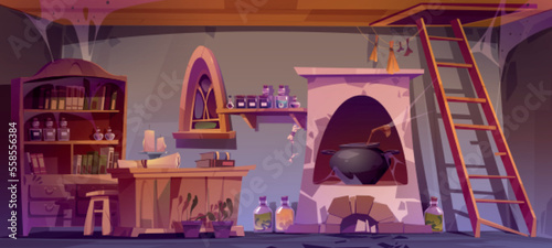 Abandoned potions shop interior with dust and cobweb on furniture. Cartoon vector illustration of empty dark room with couldron in old stone oven, wooden desk with books, bottles with expired elixirs