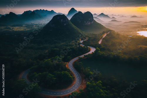 Phu Kao Ngom LOEI Thailand, aerial top picture of sky road above top of mountain with fog and green jungle dawn. Generative AI