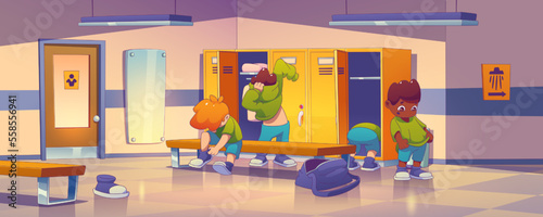 School gym locker room with kids changing sport uniform. Male dressing room interior with lockers, benches, mirror and boys, vector illustration in contemporary style