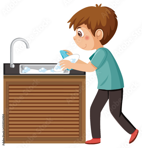 A boy washing dishes at sink