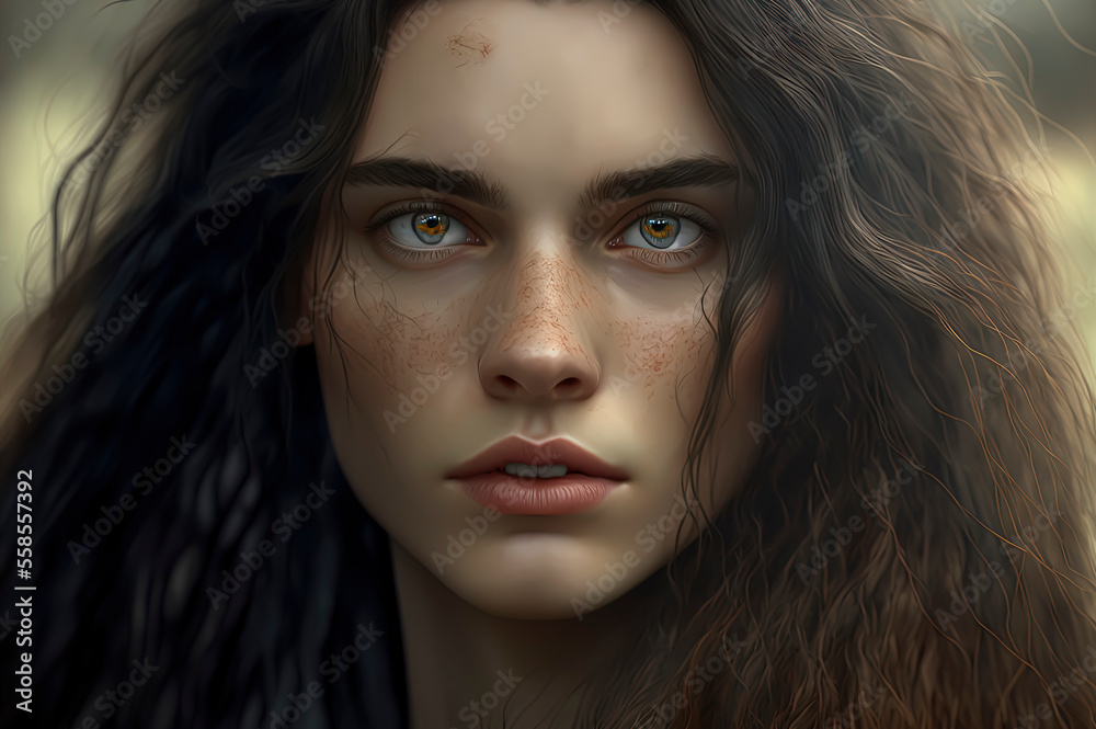 face of a model closeup, beautiful girl, headshot, long beautiful flowing ink like hair